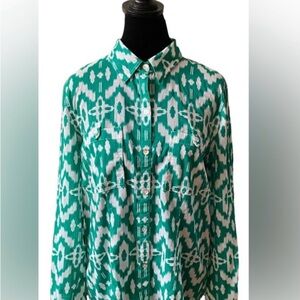 SALE!-Chico’s: Green and White Aztec Design Button Down Shirt